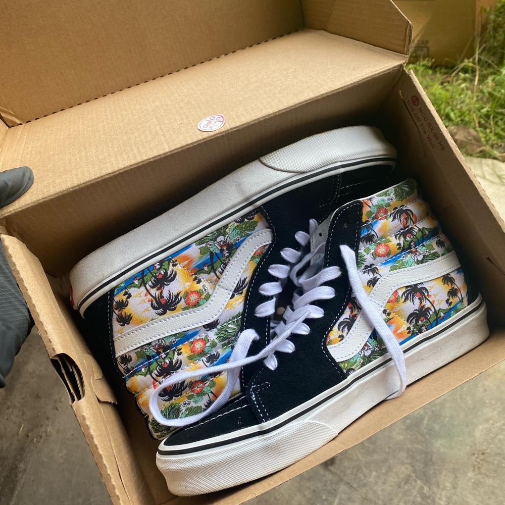Vans Black and White Tropical Print High-Top Sneakers